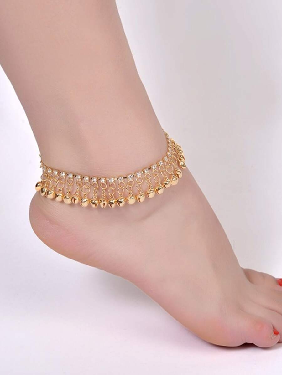 水鑽和鈴鐺裝飾腳錬 - 金黃色 - 查看 1