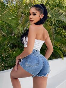 SHEIN SXY 破洞毛邊牛仔短褲 - 淺色水洗藍 - 查看 2