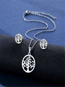 3pcs Retro Tree Of Life Shape Pendant Necklace And Earrings Alloy Lucky Tree Jewelry Set