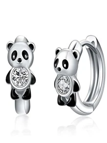 Bông tai dạng vòng trang trí bằng đá & gấu trúc - Bạc - Xem 1