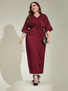 Modelyn Burgundy Red Plus Twist Front Batwing Sleeve Split Back Dress - Burgundy - View 1