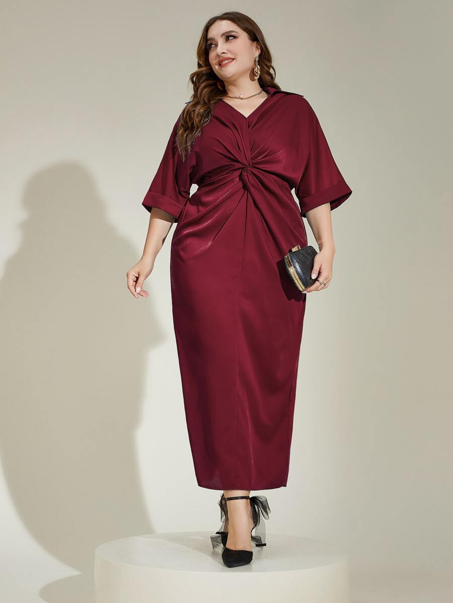 Modelyn Burgundy Red Plus Twist Front Batwing Sleeve Split Back Dress - Burgundy - View 1