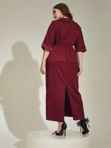 Modelyn Burgundy Red Plus Twist Front Batwing Sleeve Split Back Dress - Burgundy - View 2