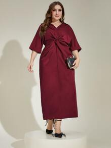 Modelyn Burgundy Red Plus Twist Front Batwing Sleeve Split Back Dress - Burgundy - View 5