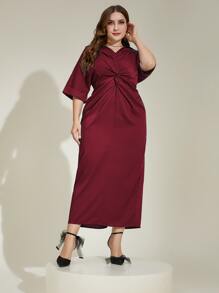 Modelyn Burgundy Red Plus Twist Front Batwing Sleeve Split Back Dress - Burgundy - View 7