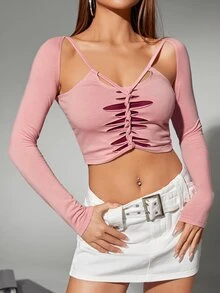 SHEIN ICON Cut Out Ripped Front Crop Tee - Baby Pink - View 3