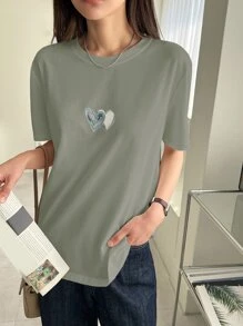 DAZY Heart Print Round Neck Tee