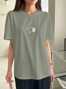 DAZY Heart Print Round Neck Tee