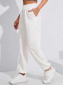 Yoga Basic Solid Slant Pocket Elastic Waist Sports Trousers - White - View 1