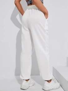 Yoga Basic Solid Slant Pocket Elastic Waist Sports Trousers - White - View 2