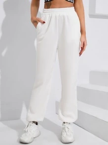 Yoga Basic Solid Slant Pocket Elastic Waist Sports Trousers - White - View 3