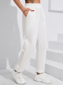 Yoga Basic Solid Slant Pocket Elastic Waist Sports Trousers - White - View 4