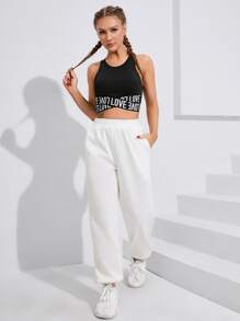 Yoga Basic Solid Slant Pocket Elastic Waist Sports Trousers - White - View 5