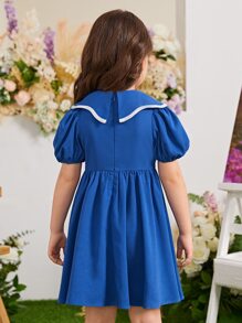 SHEIN Đầm bé gái Dây kéo Tương phản ràng buộc Nơ bướm lớn Nơ trước màu trơn Dễ thương - Màu xanh lam - Xem 2
