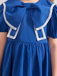 SHEIN Đầm bé gái Dây kéo Tương phản ràng buộc Nơ bướm lớn Nơ trước màu trơn Dễ thương - Màu xanh lam - Xem 3
