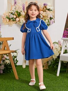 SHEIN Đầm bé gái Dây kéo Tương phản ràng buộc Nơ bướm lớn Nơ trước màu trơn Dễ thương - Màu xanh lam - Xem 4