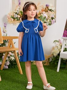 SHEIN Đầm bé gái Dây kéo Tương phản ràng buộc Nơ bướm lớn Nơ trước màu trơn Dễ thương - Màu xanh lam - Xem 5