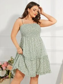 SHEIN VCAY Vestido de tirantes con estampado floral con fruncido bajo con fruncido - verde menta - Ver 3