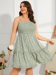 SHEIN VCAY Vestido de tirantes con estampado floral con fruncido bajo con fruncido - verde menta - Ver 6