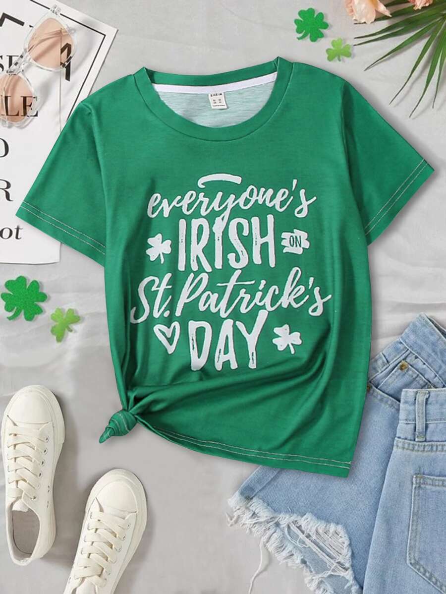 Girls 1pc Clover & Slogan Graphic Tee - Green - View 1