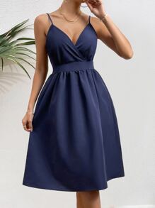 Chiquease Solid Surplice Neck Cami Dress Wedding Guest Dress - Navy Blue - View 1