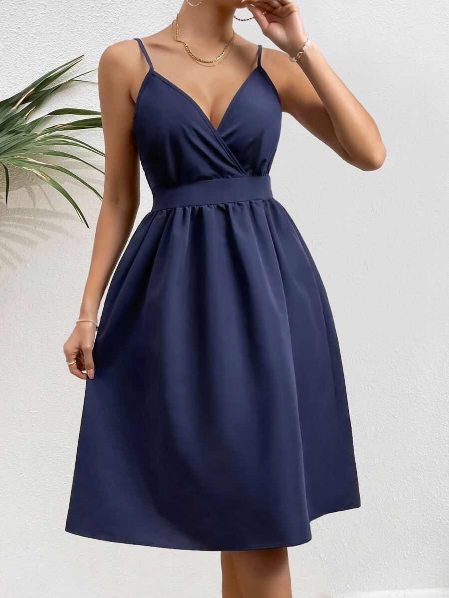 Chiquease Solid Surplice Neck Cami Dress Wedding Guest Dress - Navy Blue - View 1