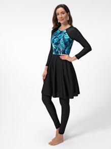 Swim Mulvari Bộ 3 đồ bơi liền thân in họa tiết nhiệt đới mùa hè kèm váy và quần che phủ - Nhiều màu - Xem 3