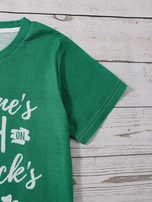 Girls 1pc Clover & Slogan Graphic Tee - Green - View 3