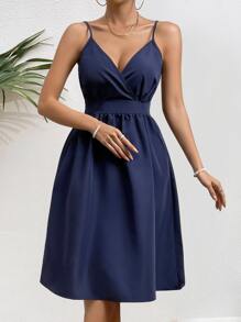 Chiquease Solid Surplice Neck Cami Dress Wedding Guest Dress - Navy Blue - View 5