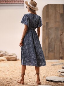 SHEIN Clasi Ditsy Floral Print Butterfly Sleeve Dress - Blue - View 2