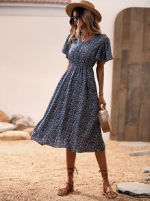 SHEIN Clasi Ditsy Floral Print Butterfly Sleeve Dress - Blue - View 3