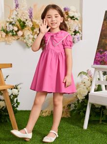 少女款白領泡泡袖束腰連衣裙 - 粉色 - 查看 3