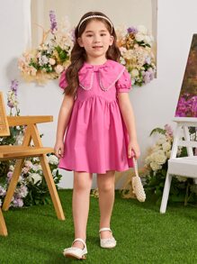 少女款白領泡泡袖束腰連衣裙 - 粉色 - 查看 5