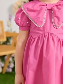 少女款白領泡泡袖束腰連衣裙 - 粉色 - 查看 6