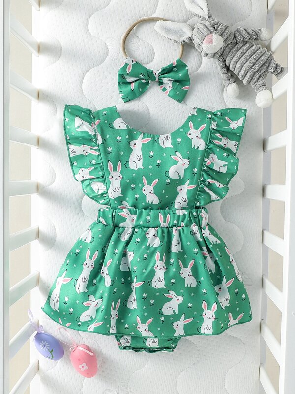 Rochie body combo cu volane cu imprimeu iepure