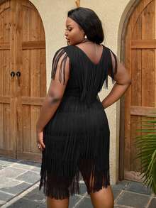 Đầm Plus Size mép màu trơn Giải trí - màu đen - Xem 2