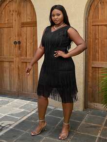 Đầm Plus Size mép màu trơn Giải trí - màu đen - Xem 3