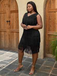 Đầm Plus Size mép màu trơn Giải trí - màu đen - Xem 4