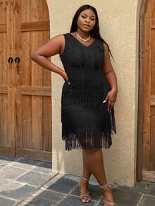 Đầm Plus Size mép màu trơn Giải trí - màu đen - Xem 5