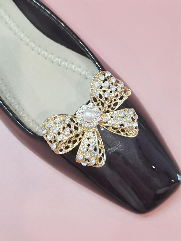 1pc Zinc Alloy Shoe Decoration, Rhinestone & Faux Pearl Decor Bow Design Glamorous Accessories For Pumps - Gold - View 3