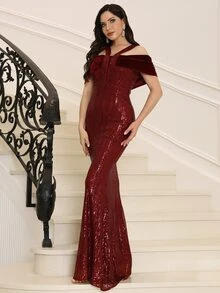 Missord Cold Shoulder Mermaid Hem Sequin Formal Dress - Burgundy - View 3