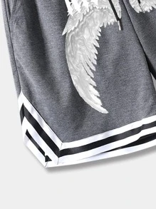 ROMWE MEN Street Life Guys Wings & Letter Graphic Striped Trim Drawstring Waist Shorts - Dark Grey - View 3