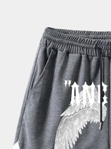 ROMWE MEN Street Life Guys Wings & Letter Graphic Striped Trim Drawstring Waist Shorts - Dark Grey - View 4