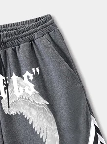 ROMWE MEN Street Life Guys Wings & Letter Graphic Striped Trim Drawstring Waist Shorts - Dark Grey - View 5