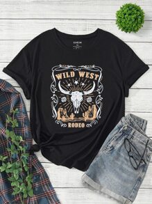 SHEIN LUNE Plus Cattle And Letter Graphic Tee - Black - View 1