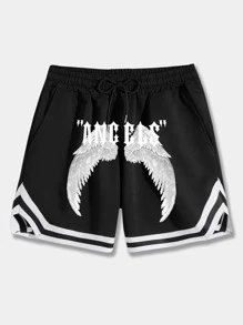 ROMWE MEN Men Wings & Letter Graphic Drawstring Waist Shorts, School - Black - View 1