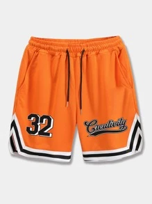 ROMWE MEN Prep 男士字母圖形條紋飾邊束腰短褲 - 橘色 - 查看 1