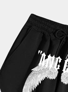 ROMWE MEN Men Wings & Letter Graphic Drawstring Waist Shorts, School - Black - View 3