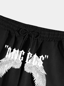 ROMWE MEN Men Wings & Letter Graphic Drawstring Waist Shorts, School - Black - View 4