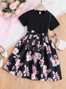 SHEIN Girls Floral Print Belted Dress - Black - View 1